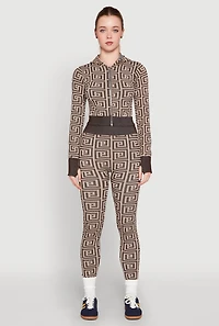 Color Block Greek Key Print Zip Front Hoodie