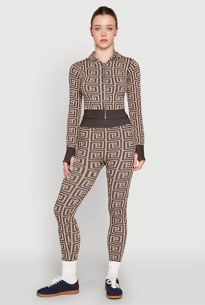 Color Block Greek Key Print Zip Front Hoodie