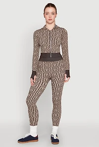 Color Block Greek Key Print Zip Front Hoodie