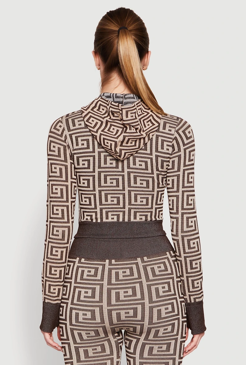 Color Block Greek Key Print Zip Front Hoodie