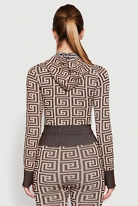 Color Block Greek Key Print Zip Front Hoodie