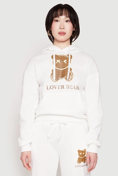 Womens Fleece Lover Bear Graphic Hoodie, White, Size L