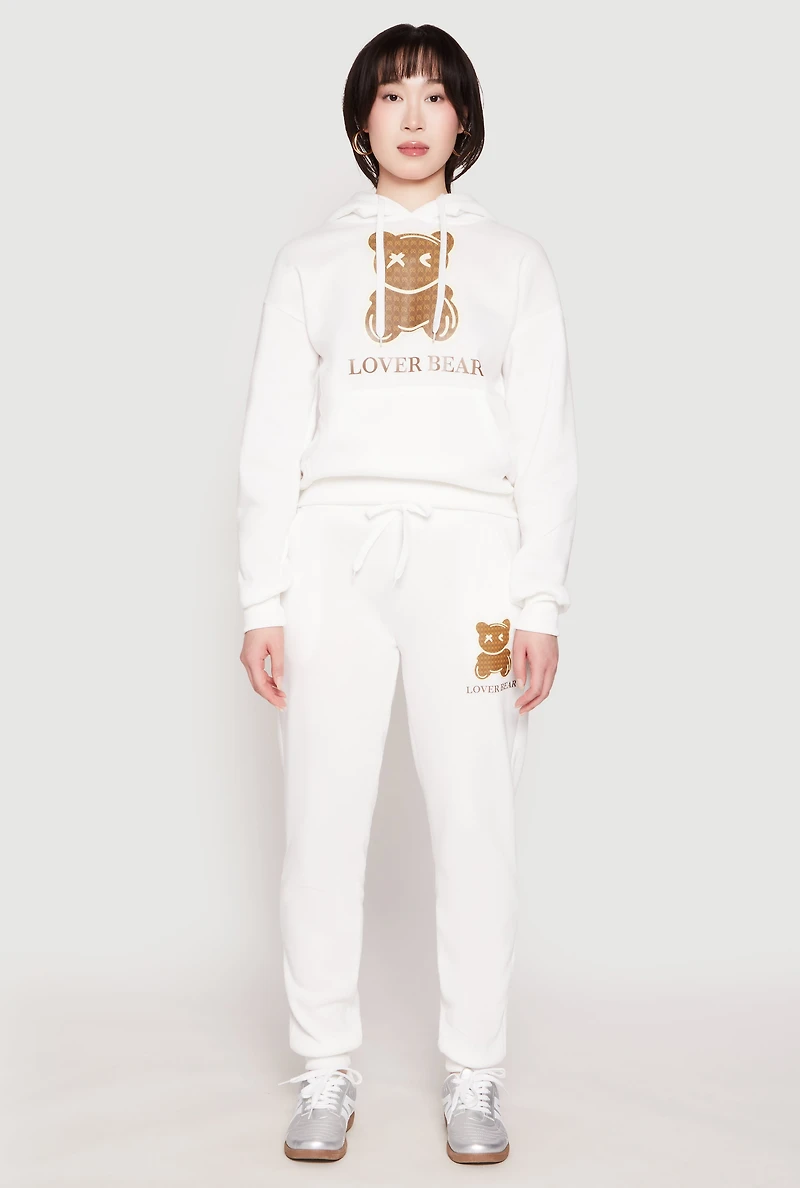 Womens Fleece Lover Bear Graphic Hoodie, White, Size L