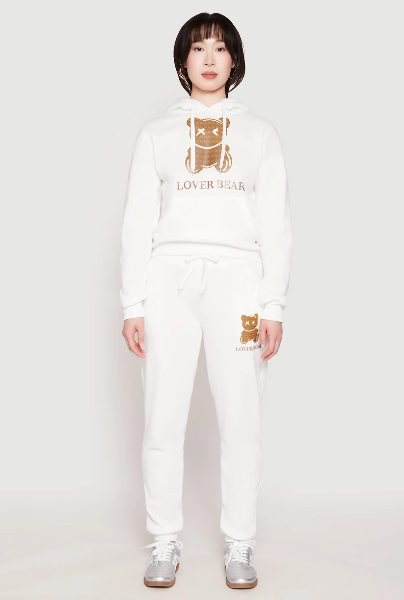 Womens Fleece Lover Bear Graphic Joggers, White, Size M