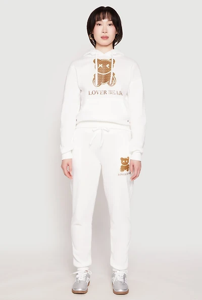 Womens Fleece Lover Bear Graphic Joggers, White, Size L