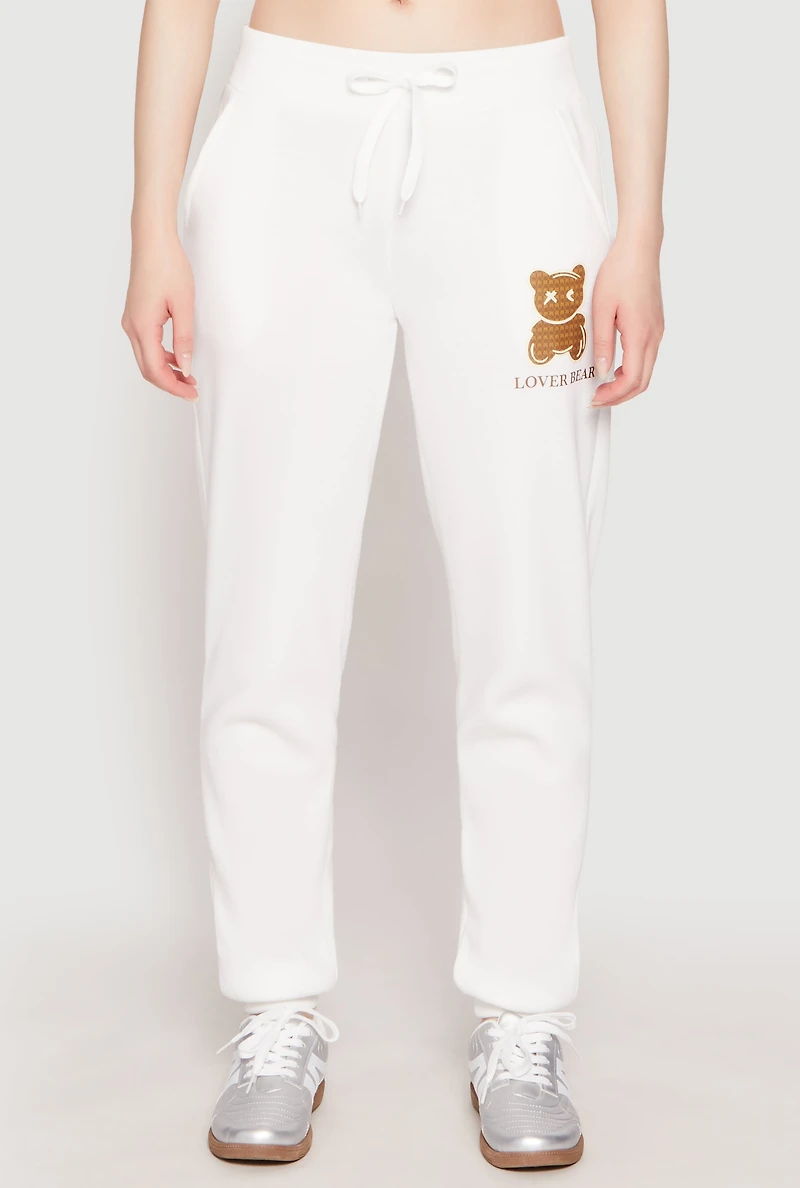 Womens Fleece Lover Bear Graphic Joggers, White, Size M