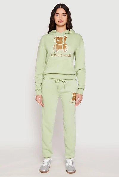 Womens Fleece Lover Bear Graphic Joggers, Green, Size L