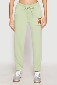 Womens Fleece Lover Bear Graphic Joggers, Green, Size L