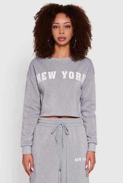 Womens New York Graphic Cropped Sweatshirt, Grey, Size M