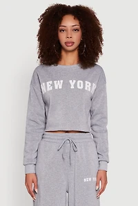 Womens New York Graphic Cropped Sweatshirt, Grey, Size M