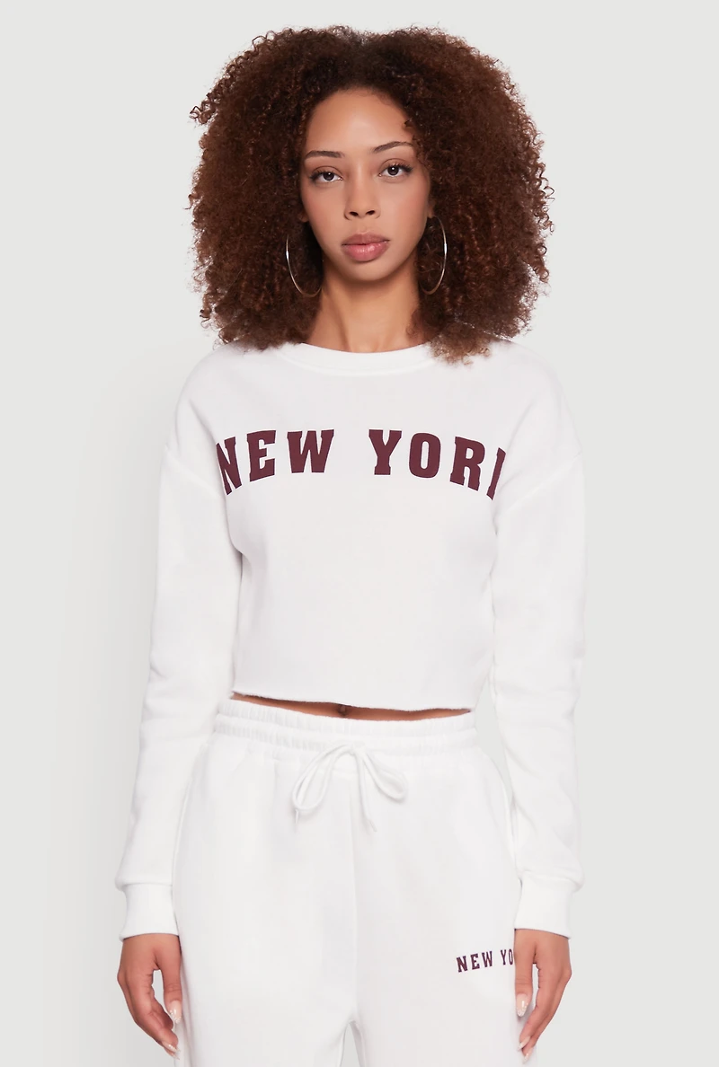 Womens New York Graphic Cropped Sweatshirt, White,