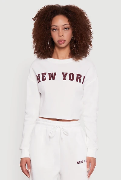 Womens New York Graphic Cropped Sweatshirt, White,