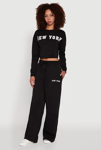 Womens New York Graphic Drawstring Waist Wide Leg Sweatpants,