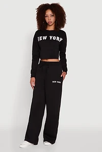 New York Graphic Drawstring Waist Wide Leg Sweatpants