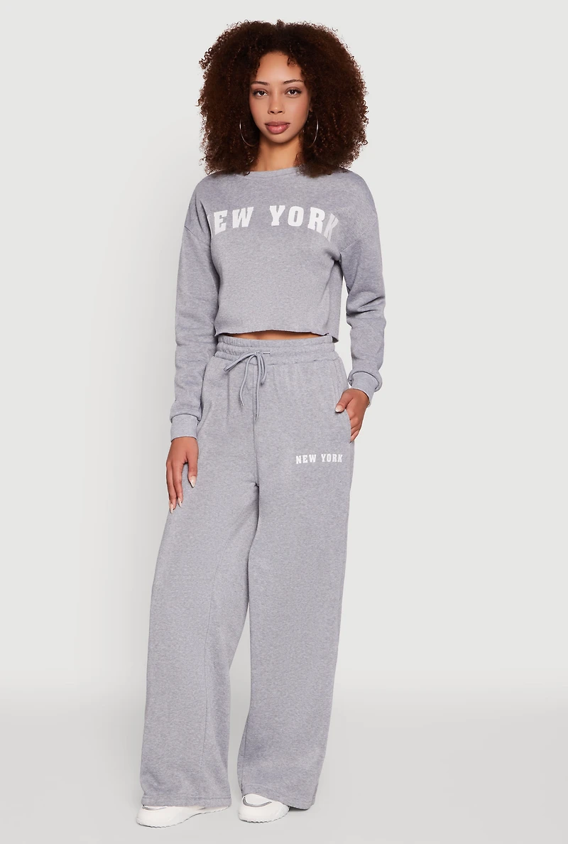 New York Graphic Drawstring Waist Wide Leg Sweatpants