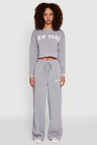 Womens New York Graphic Drawstring Waist Wide Leg Sweatpants, Grey,