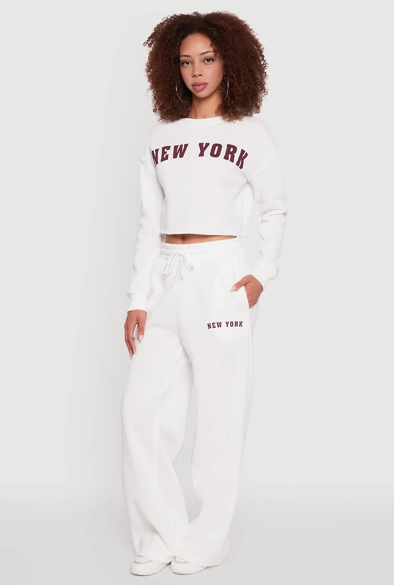 Womens New York Graphic Drawstring Waist Wide Leg Sweatpants, White, Size M