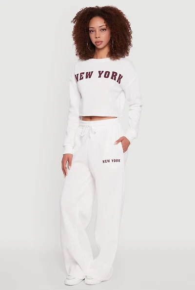 Womens New York Graphic Drawstring Waist Wide Leg Sweatpants, White, Size M