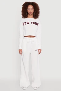 Womens New York Graphic Drawstring Waist Wide Leg Sweatpants, White, Size M