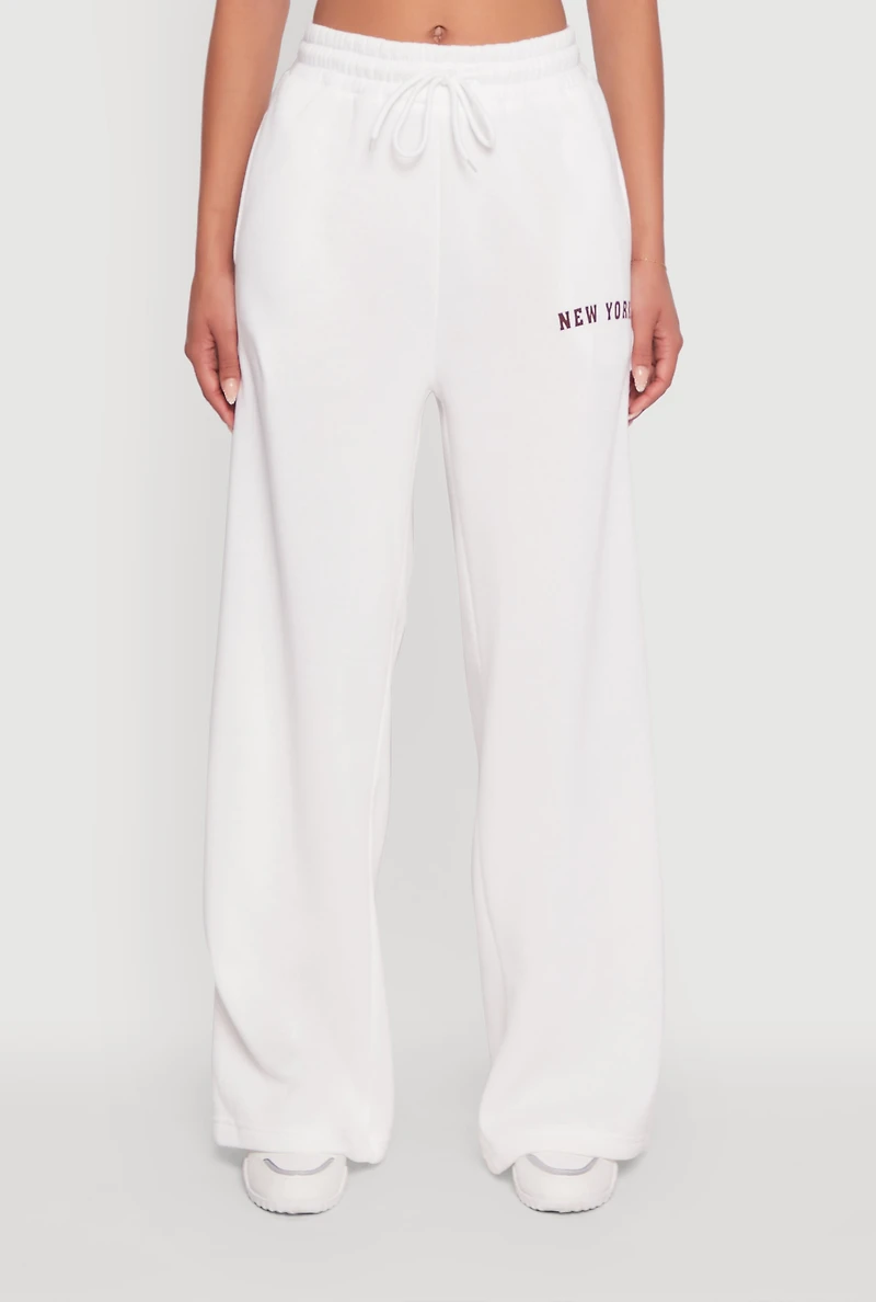 Womens New York Graphic Drawstring Waist Wide Leg Sweatpants, White, Size M