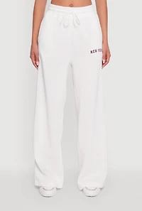 Womens New York Graphic Drawstring Waist Wide Leg Sweatpants, White, Size M