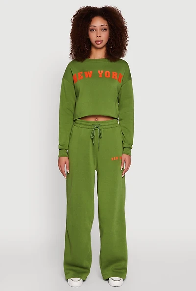 Womens New York Graphic Drawstring Waist Wide Leg Sweatpants, Green,