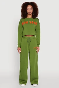 Womens New York Graphic Drawstring Waist Wide Leg Sweatpants, Green,