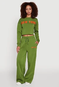 Womens New York Graphic Drawstring Waist Wide Leg Sweatpants, Green,