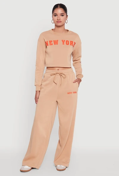 Womens New York Graphic Drawstring Waist Wide Leg Sweatpants,