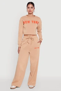 Womens New York Graphic Drawstring Waist Wide Leg Sweatpants,