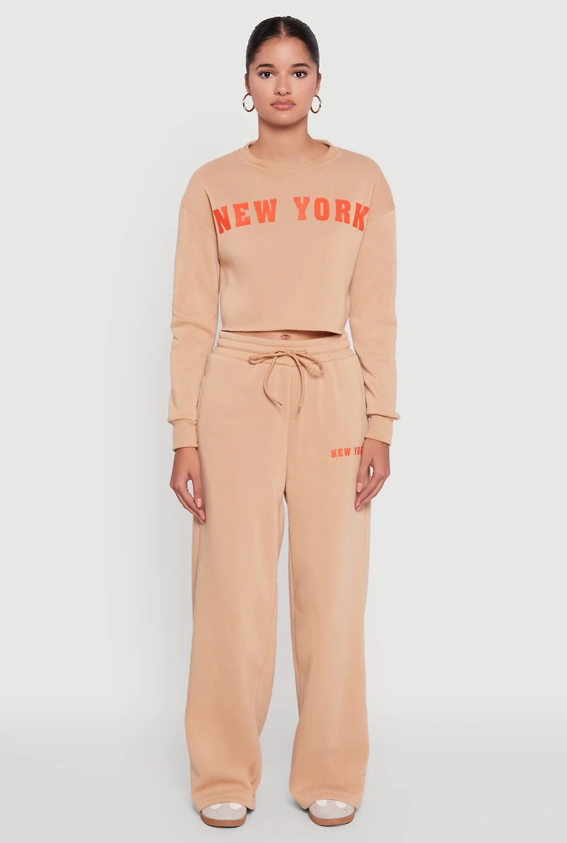 Womens New York Graphic Drawstring Waist Wide Leg Sweatpants,