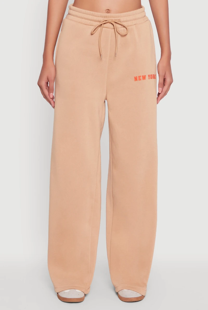 Womens New York Graphic Drawstring Waist Wide Leg Sweatpants,