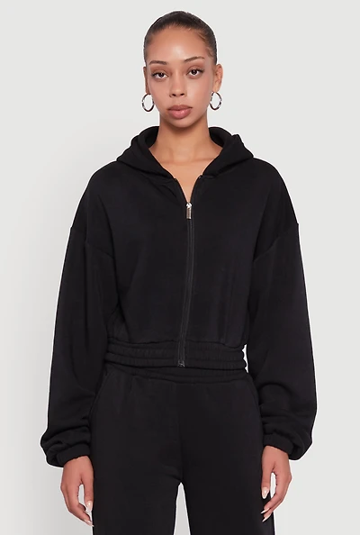 Womens Long Sleeve Zip Front Elastic Hem Hoodie,
