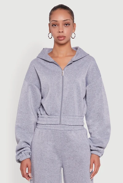 Womens Long Sleeve Zip Front Elastic Hem Hoodie,