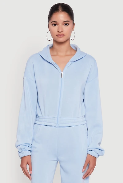 Womens Long Sleeve Zip Front Elastic Hem Hoodie,