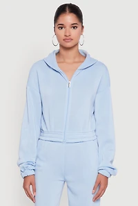 Womens Long Sleeve Zip Front Elastic Hem Hoodie, Blue, Size M