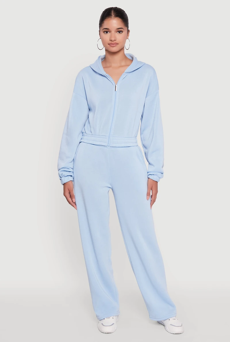 Womens Long Sleeve Zip Front Elastic Hem Hoodie, Blue, Size M
