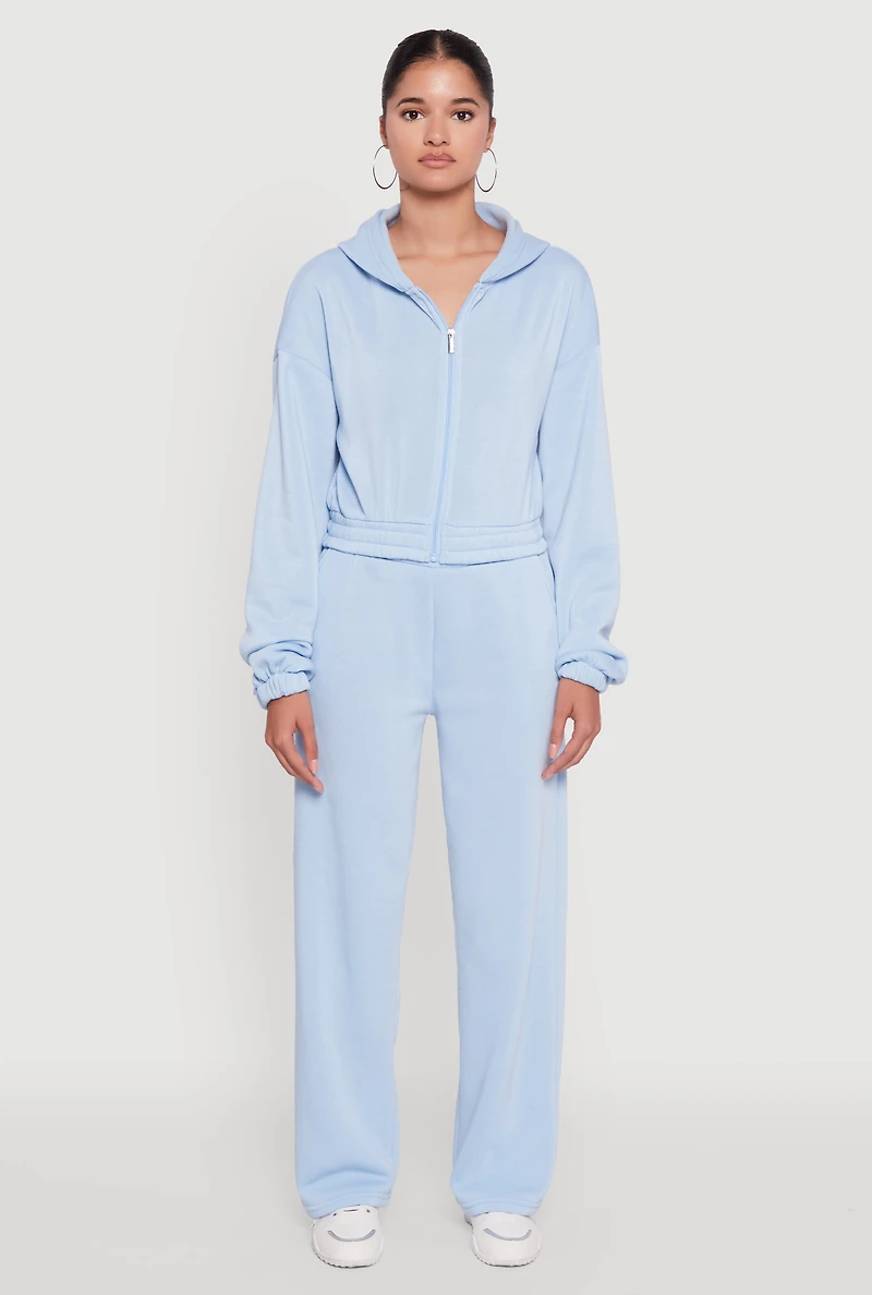 Womens Long Sleeve Zip Front Elastic Hem Hoodie, Blue, Size M