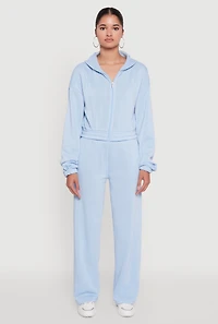 Womens Long Sleeve Zip Front Elastic Hem Hoodie, Blue, Size M