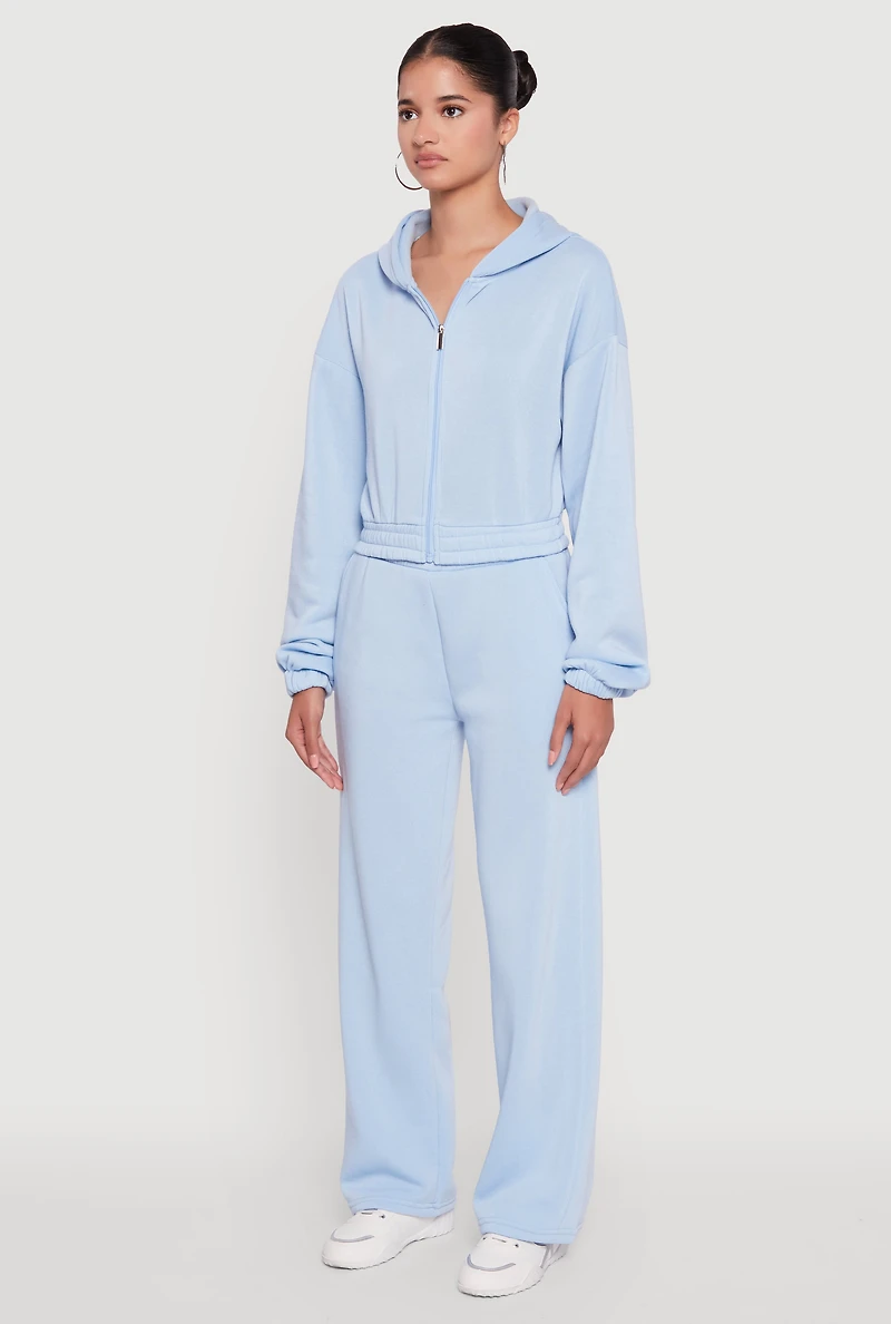 Womens Long Sleeve Zip Front Elastic Hem Hoodie, Blue, Size M
