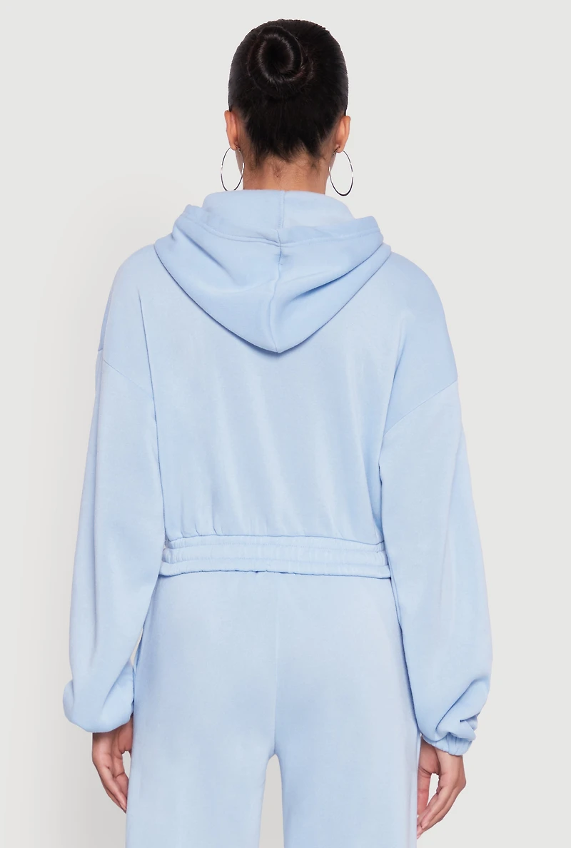 Womens Long Sleeve Zip Front Elastic Hem Hoodie, Blue, Size M