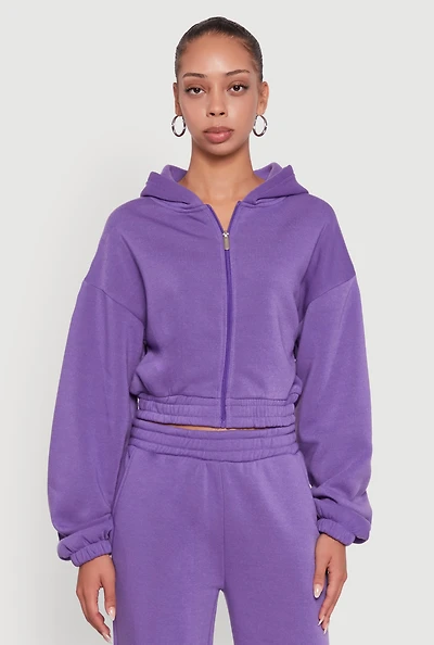 Womens Long Sleeve Zip Front Elastic Hem Hoodie, Purple, Size S