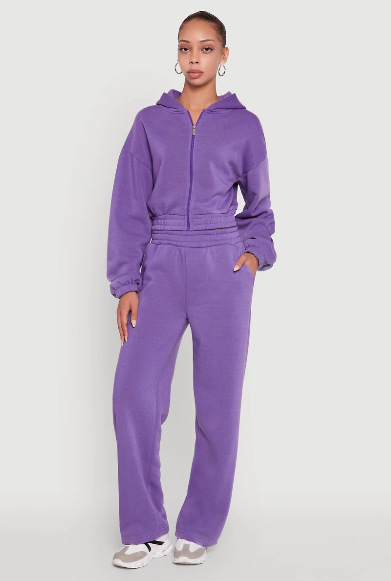 Womens Long Sleeve Zip Front Elastic Hem Hoodie, Purple, Size S