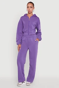 Womens Long Sleeve Zip Front Elastic Hem Hoodie, Purple, Size S