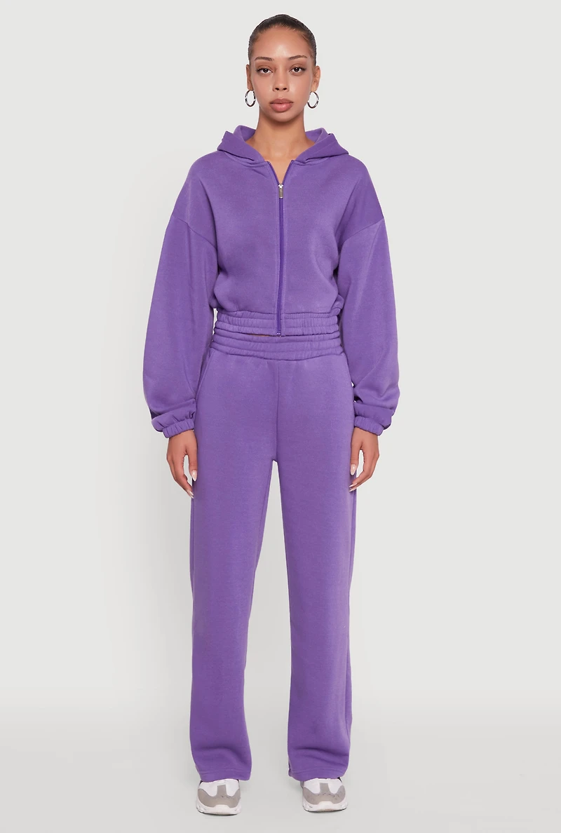 Womens Long Sleeve Zip Front Elastic Hem Hoodie, Purple, Size S