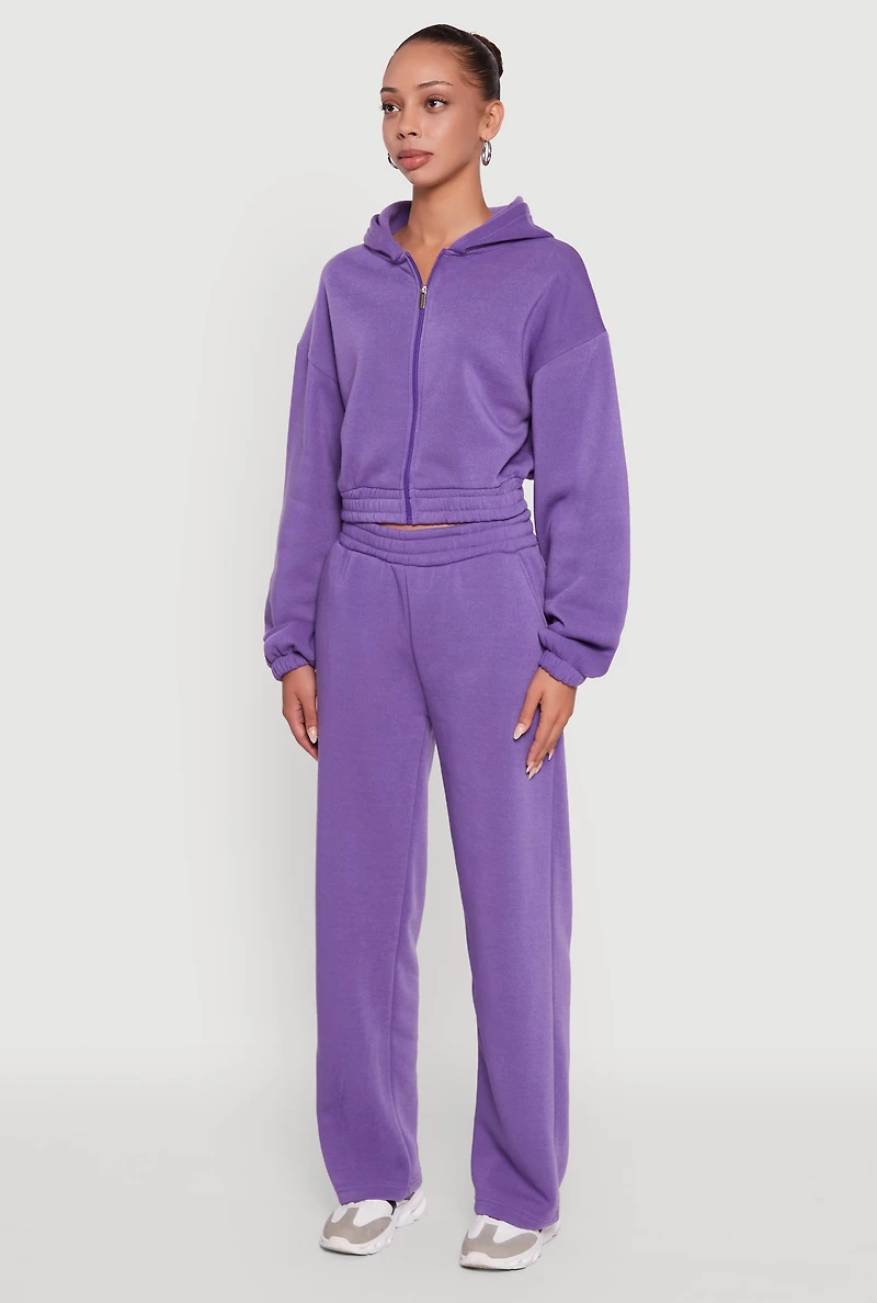 Womens Long Sleeve Zip Front Elastic Hem Hoodie, Purple, Size S