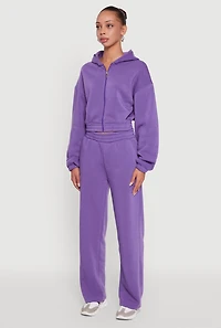Womens Long Sleeve Zip Front Elastic Hem Hoodie, Purple, Size S