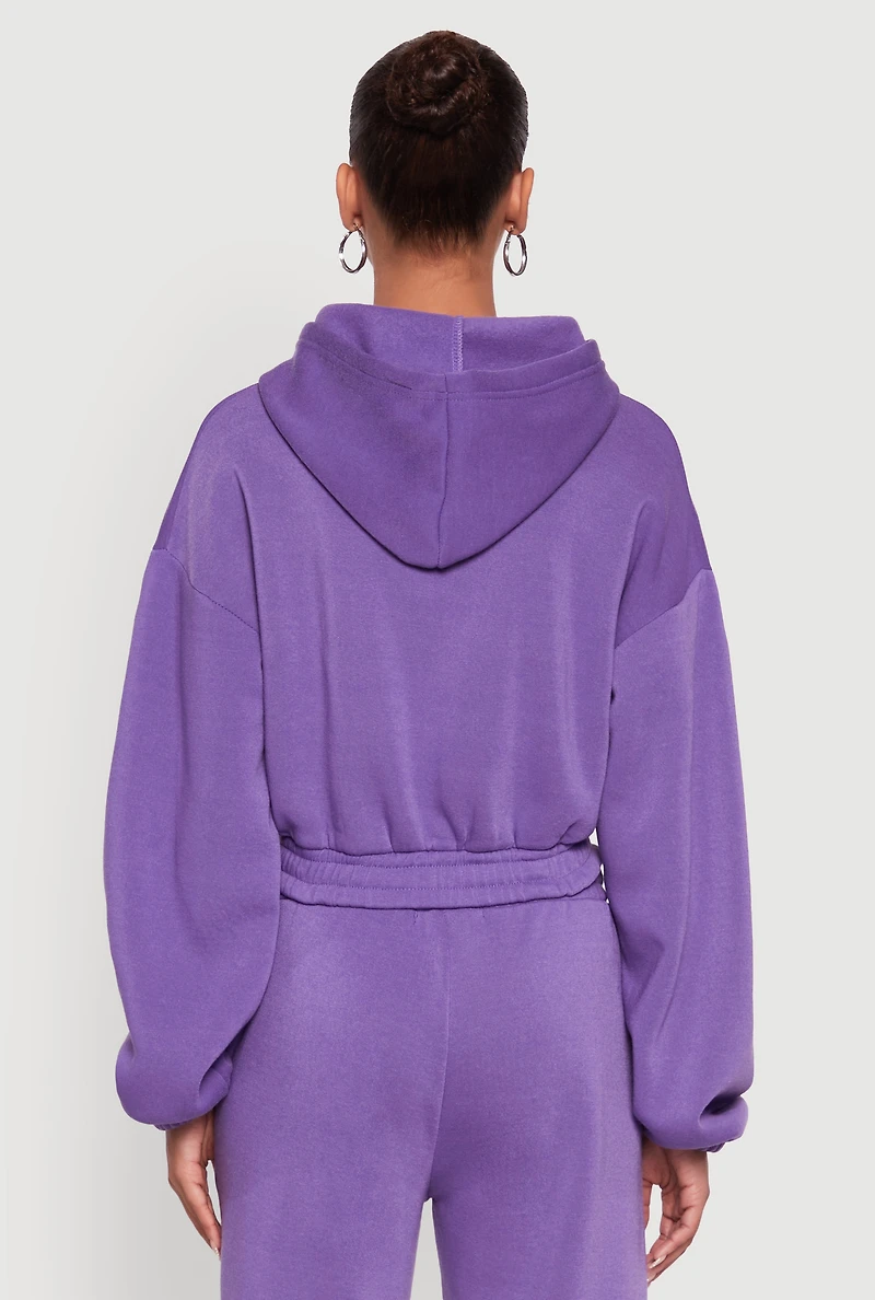 Womens Long Sleeve Zip Front Elastic Hem Hoodie, Purple, Size S