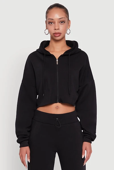 Womens Long Sleeve Zip Front Cropped Hoodie,