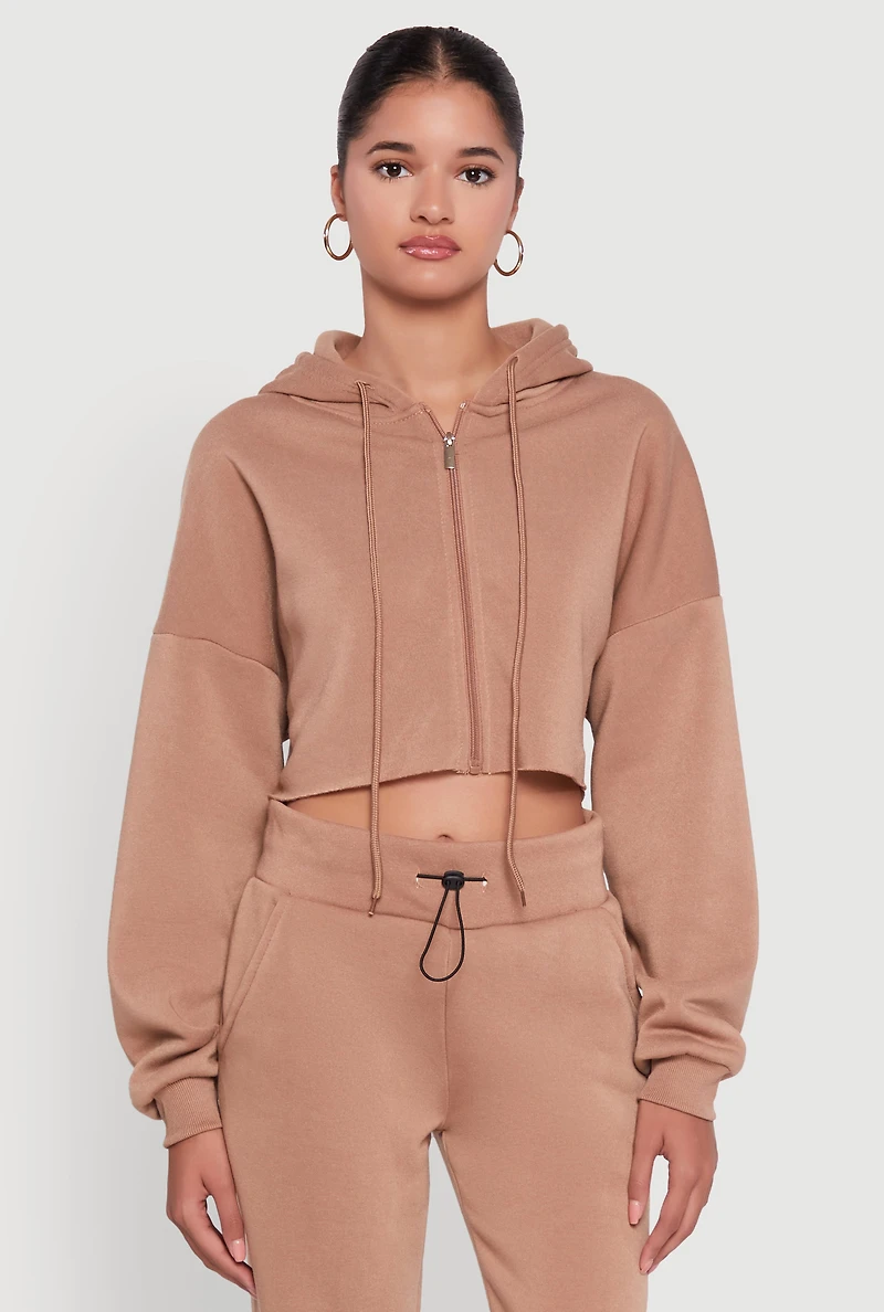 Womens Long Sleeve Zip Front Cropped Hoodie,